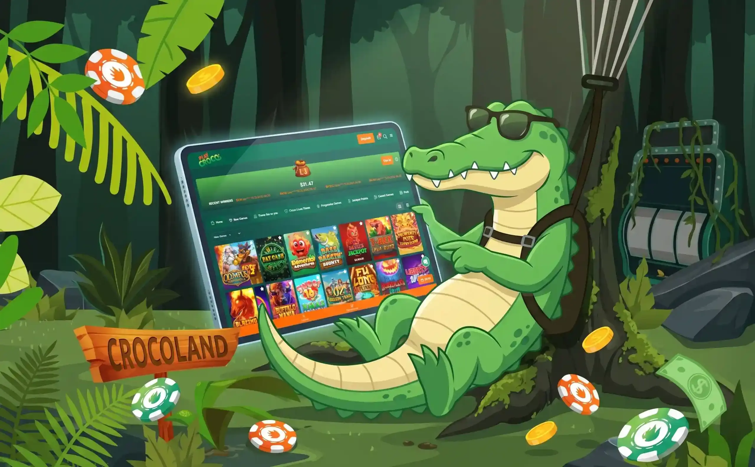 Crocoland casino crocodile with tablet in jungle
